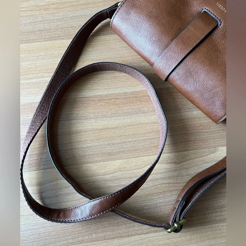 Fossil Leather & Stripe Canvas Crossbody Bag Brown Multicolor